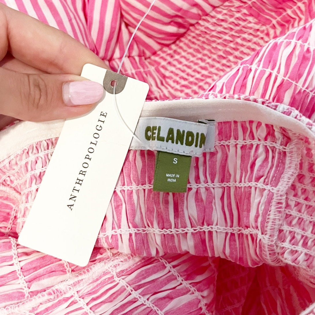 Celandine Anthropologie Strapless Drop-Waist Mini Striped Romper Red Pink Small