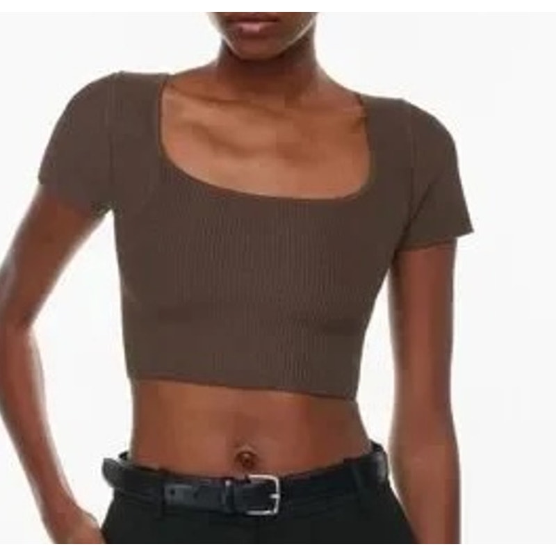 Babaton Aritzia Contour Short Sleeve Square Neck Crop Tee Shirt Top Brown Small