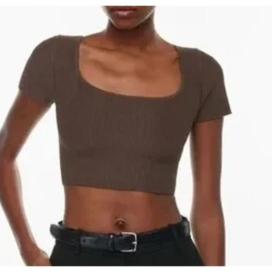 Babaton Aritzia Contour Short Sleeve Square Neck Crop Tee Shirt Top Brown Small