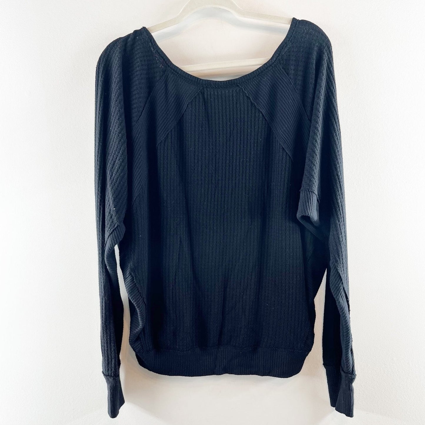 Free People Santa Clara Thermal Waffle Long Sleeve V Neck Top Shirt Black Small
