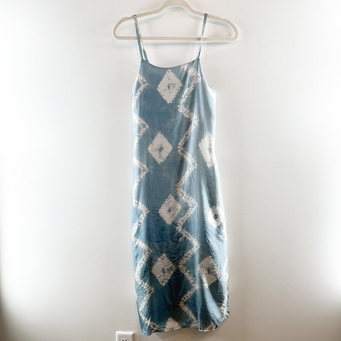 Lila 100% Silk Tie Dye Adjustable Strap Sleeveless Midi Tank Dress Blue Size 1
