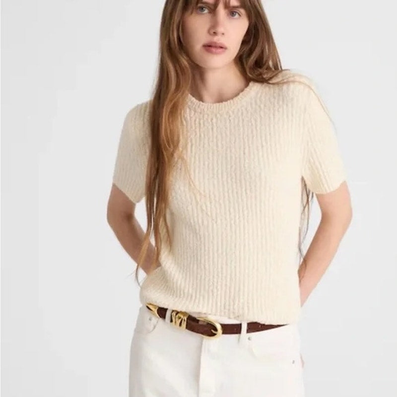 Madewell Boucle Knit Crewneck Ribbed Sweater Tee Shirt Top Cream Ivory XS