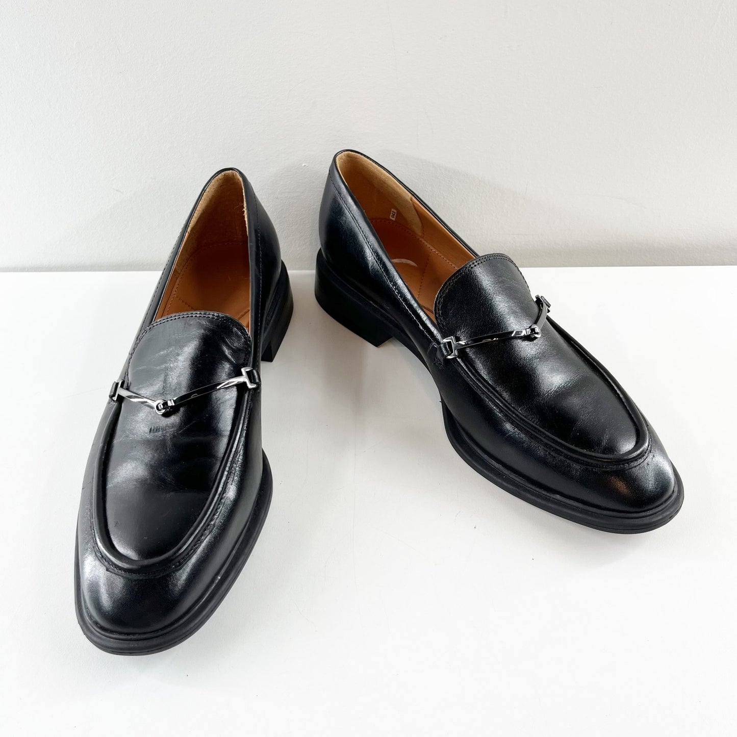 Franco Sarto Eda Leather Classic Slip-On Loafers with Metal Strap Detail Black 9