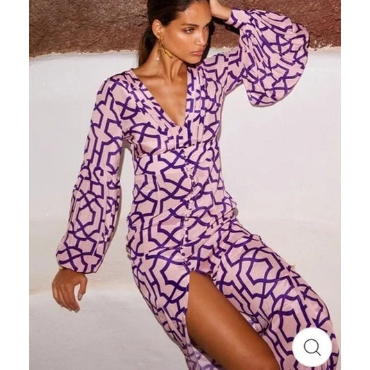 Alexandra Miro Gaia Long Sleeve Button Front Maxi Dress Moroccan Tile Pink Small
