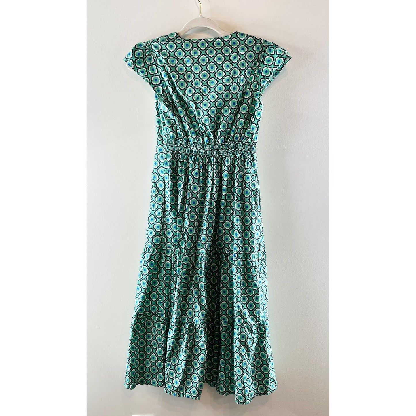 Boden May Tiered Short Ruffle Cap Sleeve Geo Print Poplin Midi Dress Green 4 P
