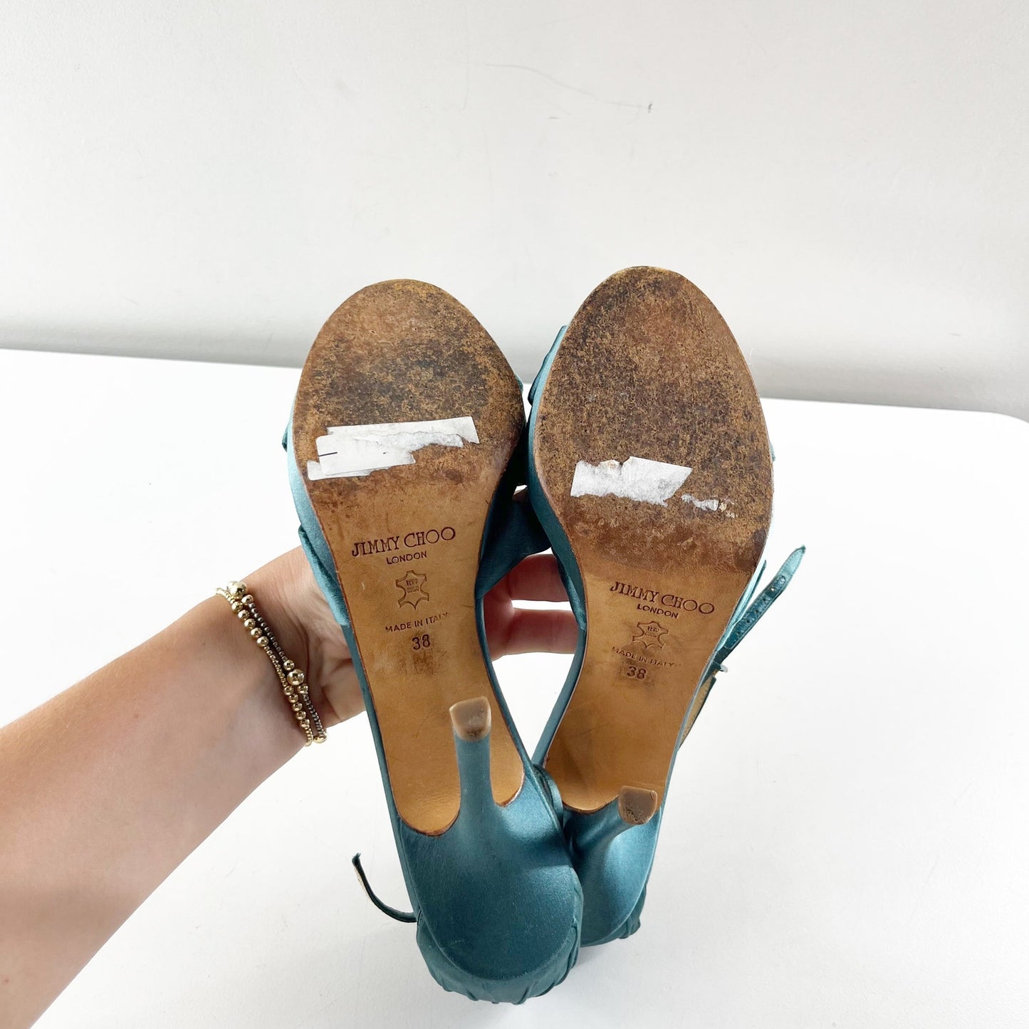 Jimmy Choo Marion Satin Knotted Ankle Strap Platform Stiletto Sandals Green 38