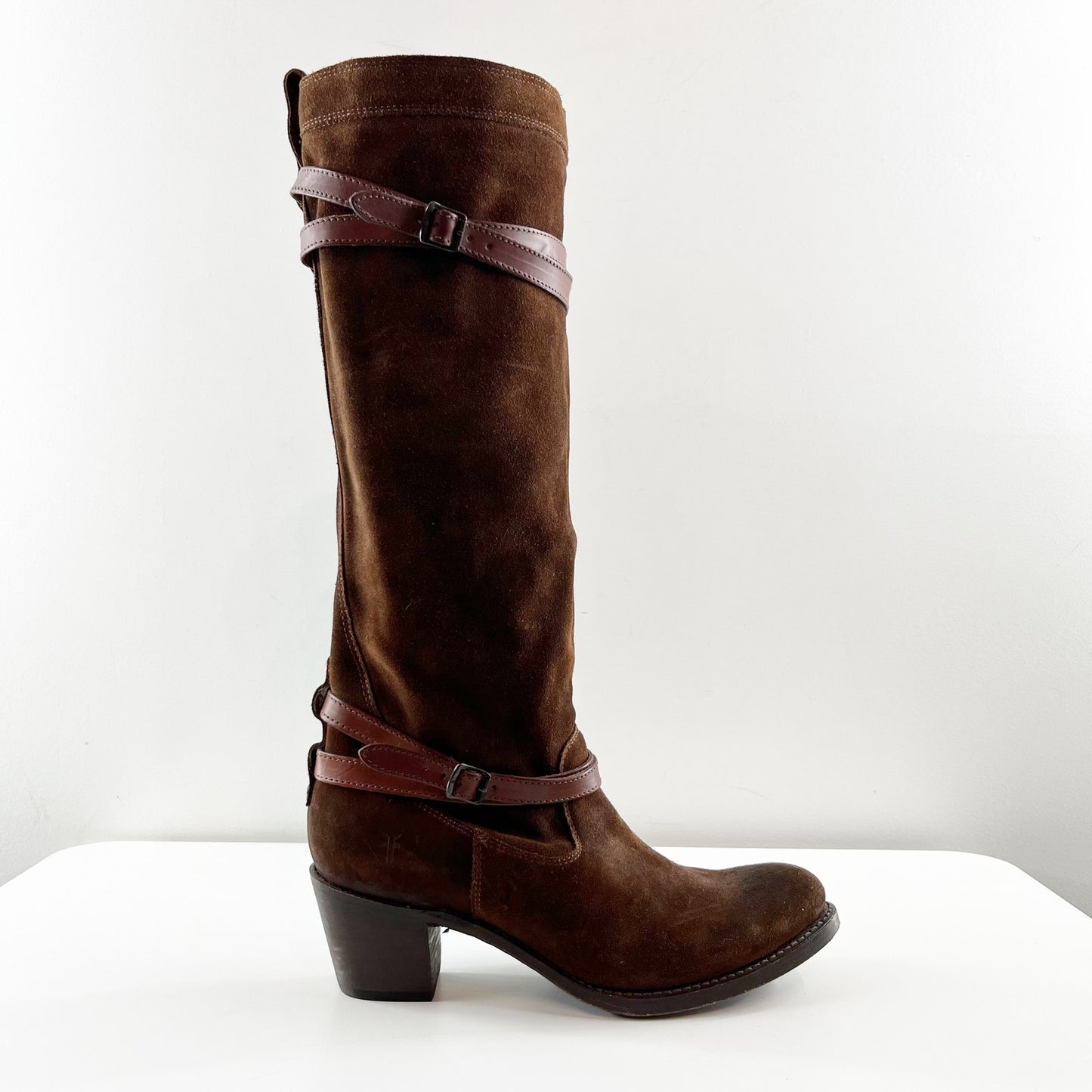 Frye Knee High Strappy Suede Leather Tall Knee High Boots Brown 10