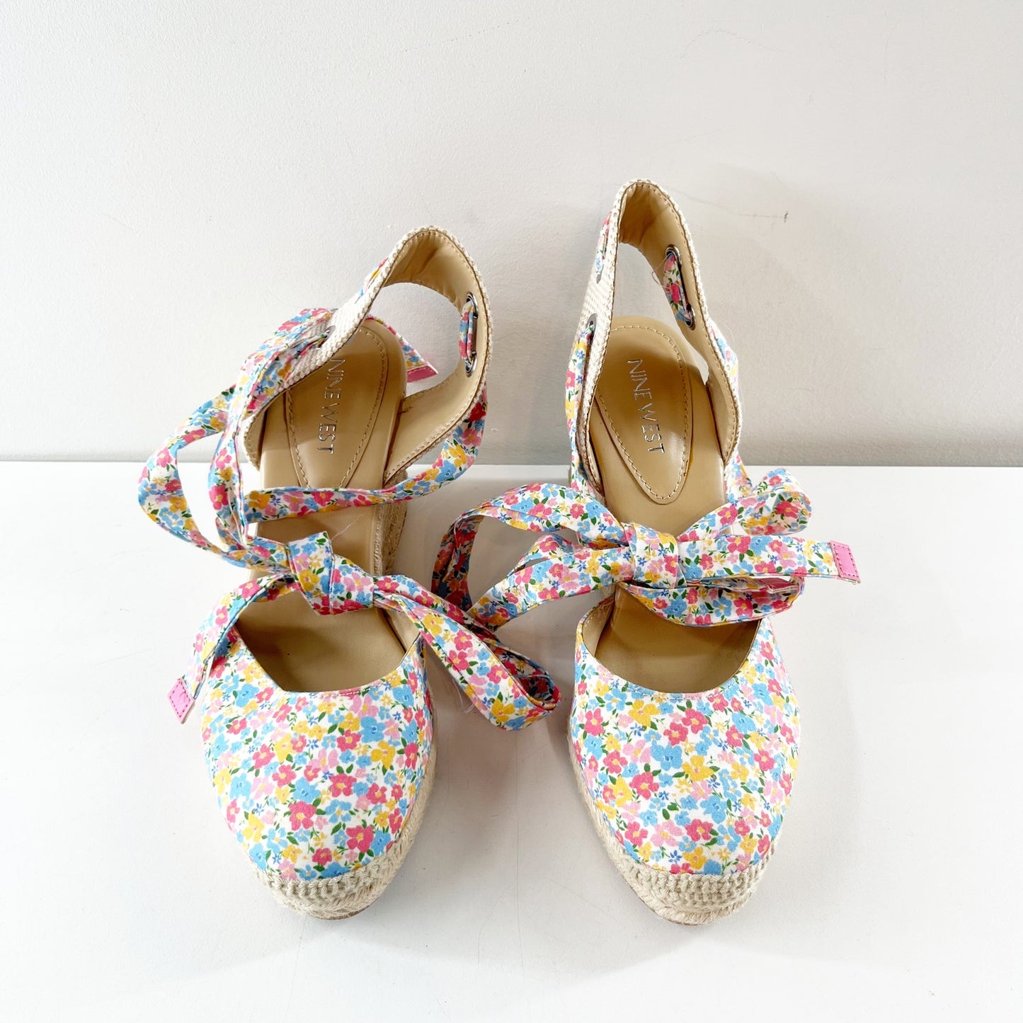 Nine West Friend Ditzy Floral Ankle Wrap Espadrille Wedge Sandals Pink Blue 7