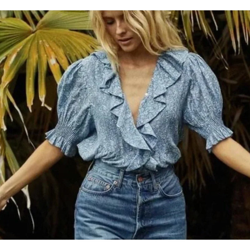 DOEN Henri Pleated Floral Puff Sleeve Button Front Blouse Top Blue Medium
