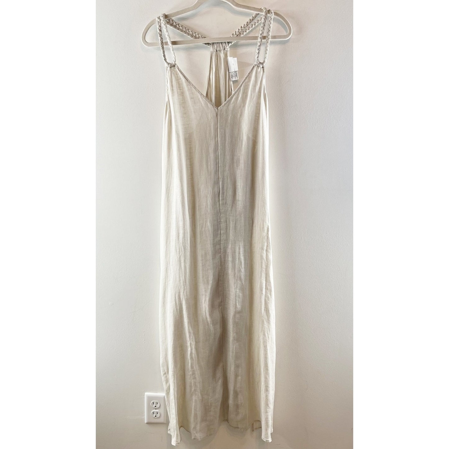 Rachel Zoe 100% Linen Sleeveless Midi Dress With Braided Straps Beige XL
