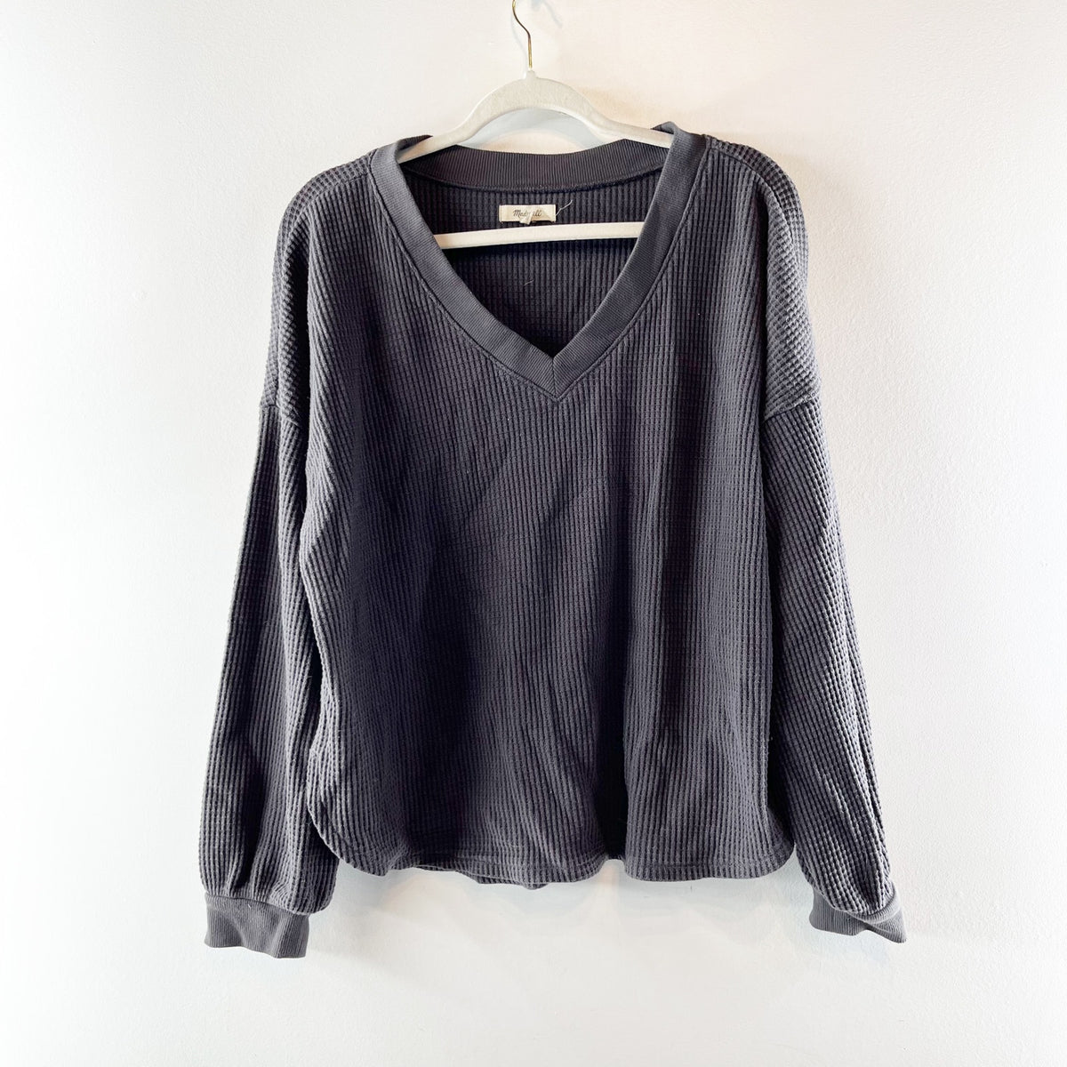 Madewell Waffle Knit V-Neck Long-Sleeve Pullover Sweater Coal Black XL