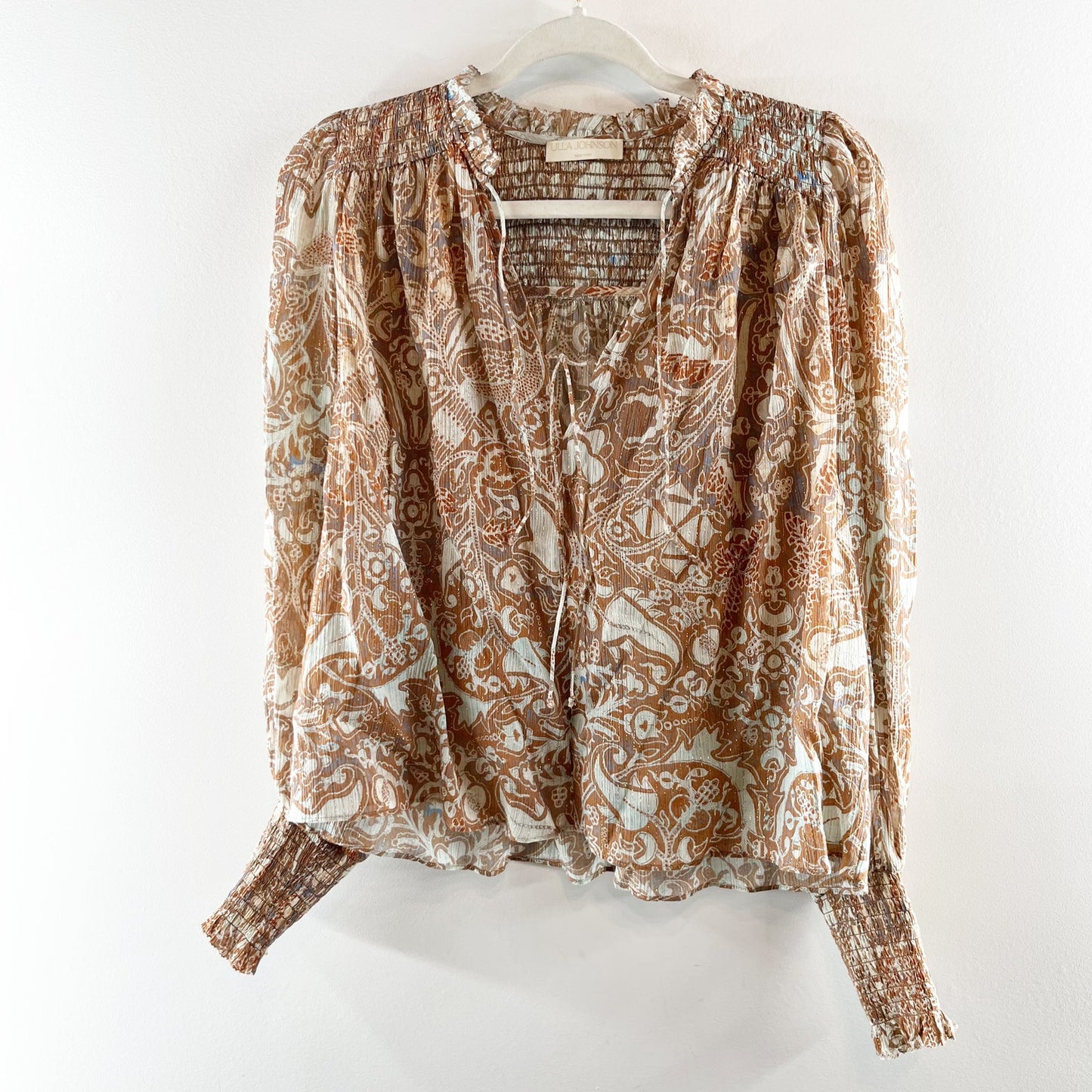 Ulla Johnson Ida Printed Cotton Blend Puff Sleeve Split-Neck Blouse Feldspar 2