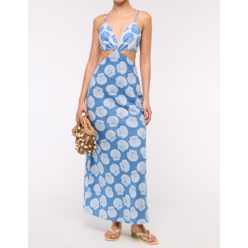 Abercrombie Julia Cutout Tie Back Shell Print Linen Blend Maxi Slip Dress Blue