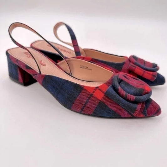 Farylrobin Anthropologie Pointed Toe Slingback Plaid Block Heels Red Blue 9.5