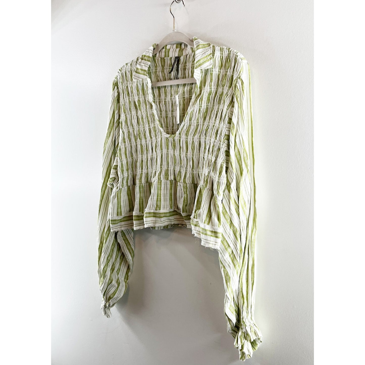 Anthropologie Long Balloon Sleeve Scoop Neck Collared Blouse Green White Small