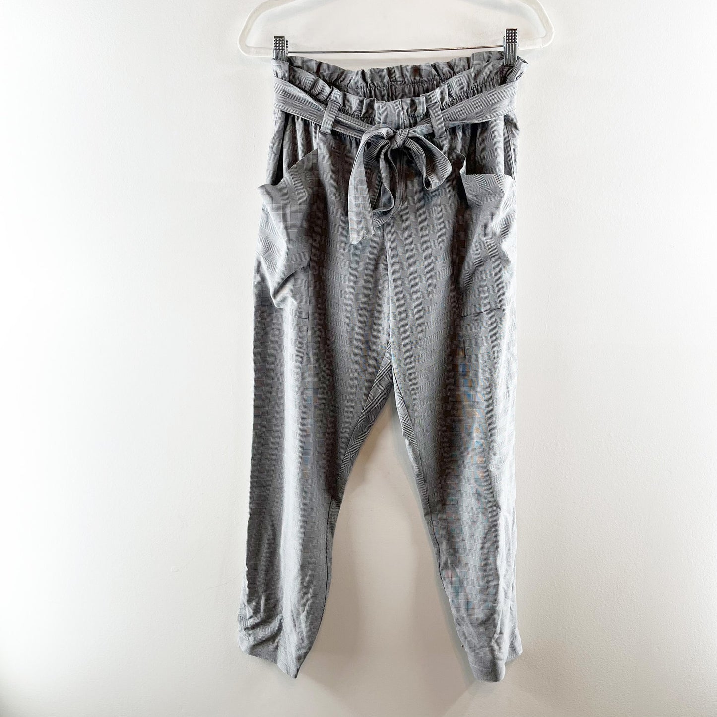 Athleta Skyline Plaid High Waisted Paperbag Pants Gray 10