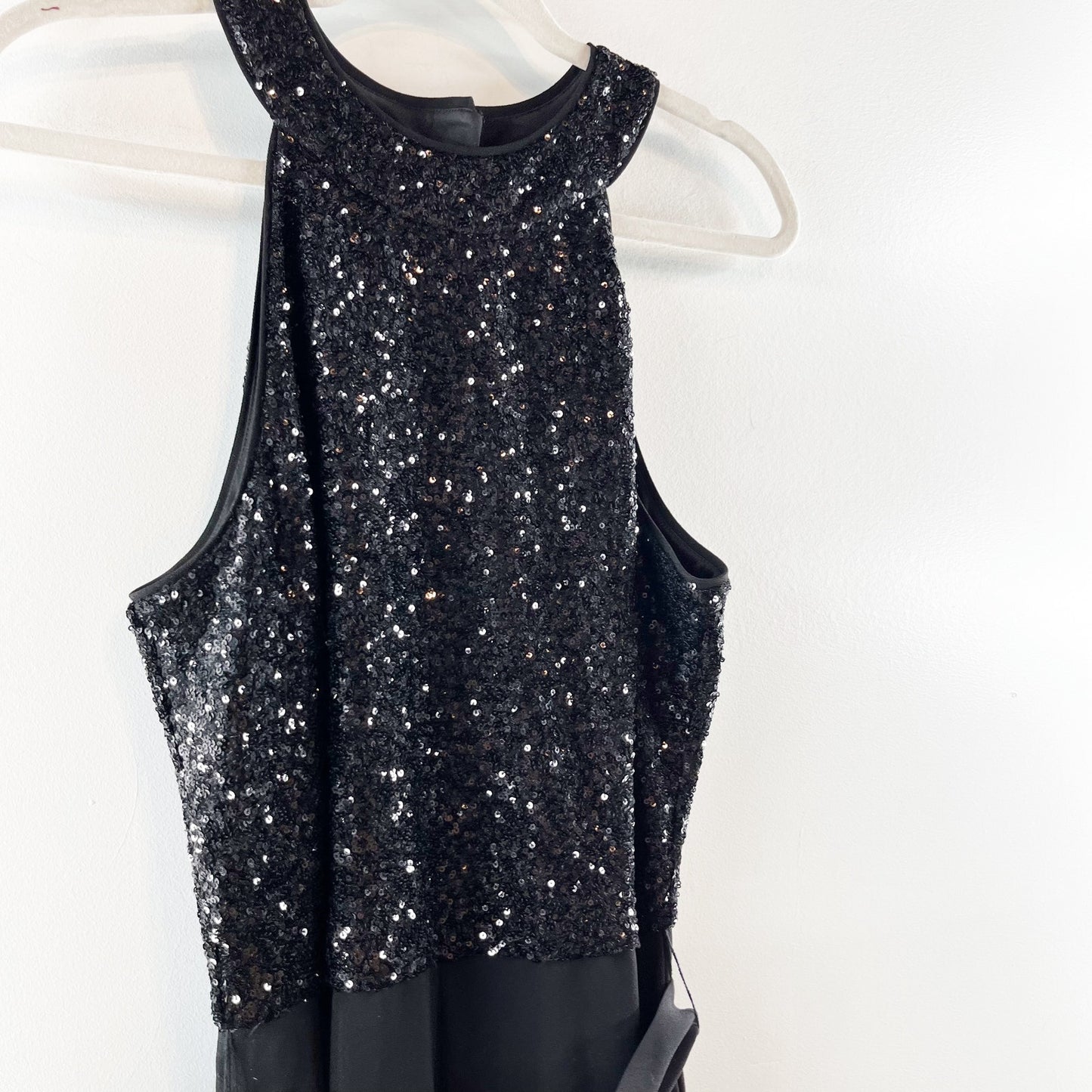 Talbots Embellished Sequin Crepe Halter Tie Waist Wide Leg Jumpsuit Black 12