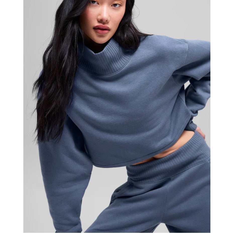 Alo Yoga Ribbed Mock Neck Cropped Serenity Coverup Sweatshirt Bluestone Blue XS