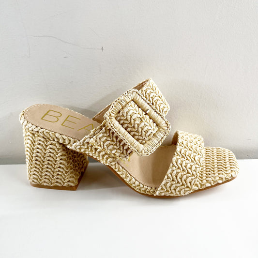 Beach by Matisse Lucy Buckle Block Heel Raffia Straw Sandal Tan Natural 9