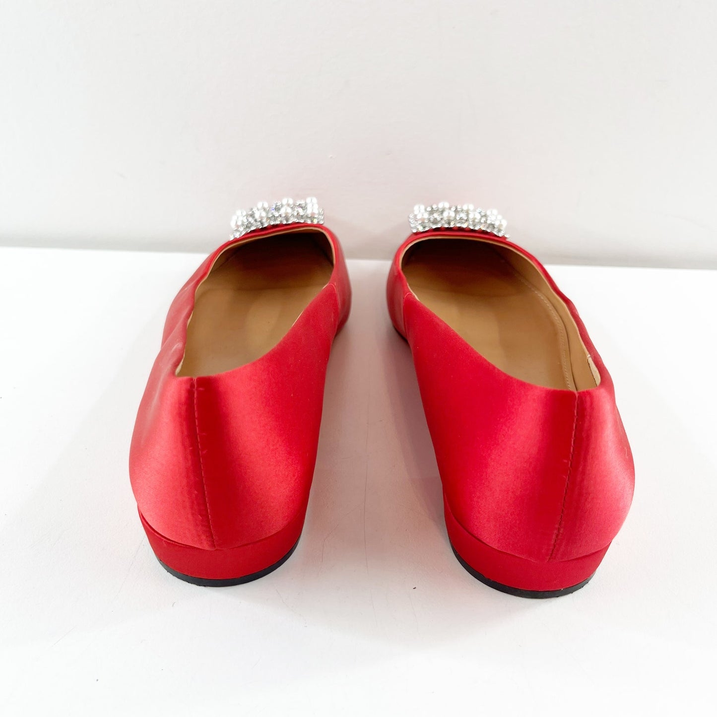 J. Crew Crystal Embellished Pointed Toe Satin Flats Shoes Ruby Red 8