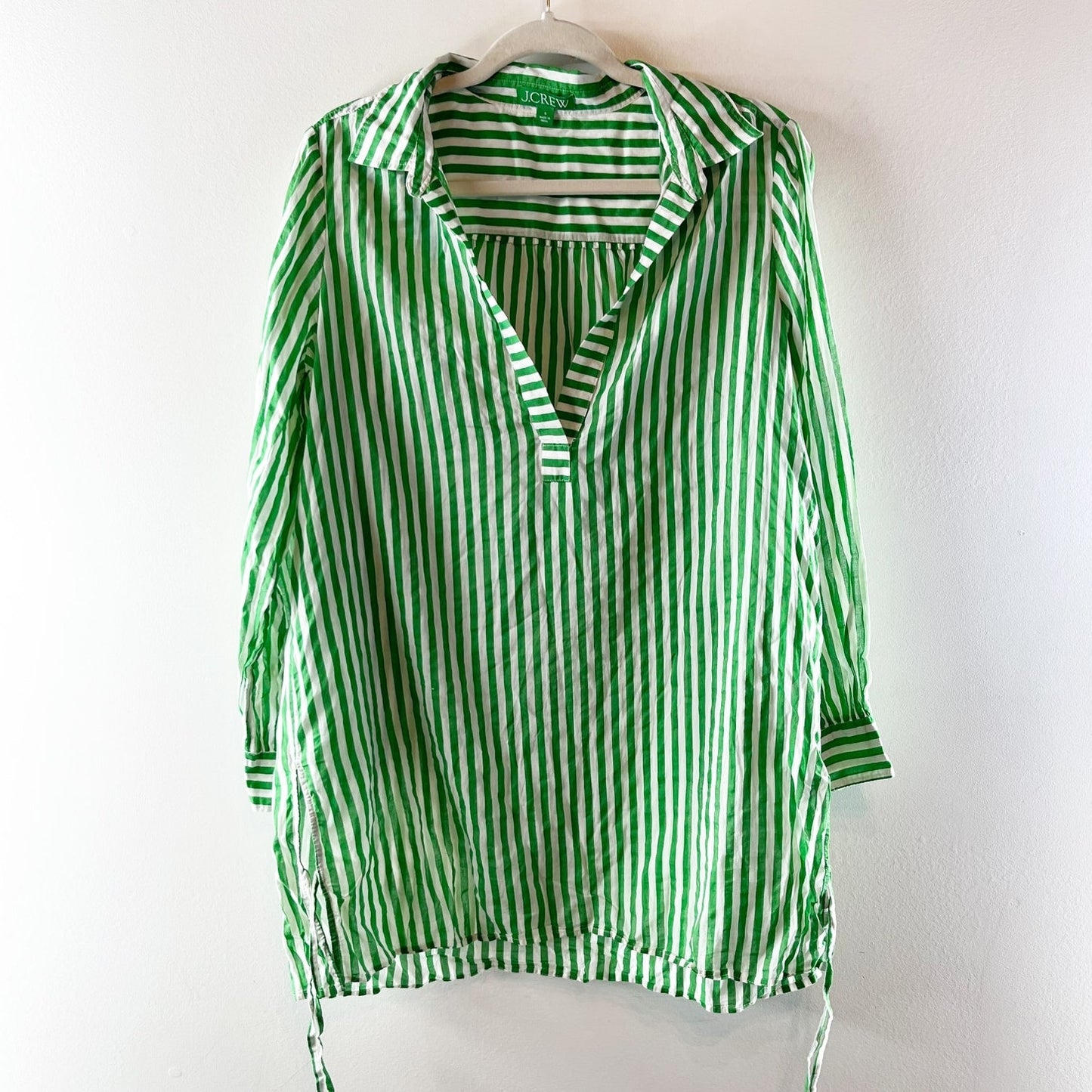 J. Crew Cotton Voile Tunic Long Sleeve Mini Tunic Cover Up Striped Green Small