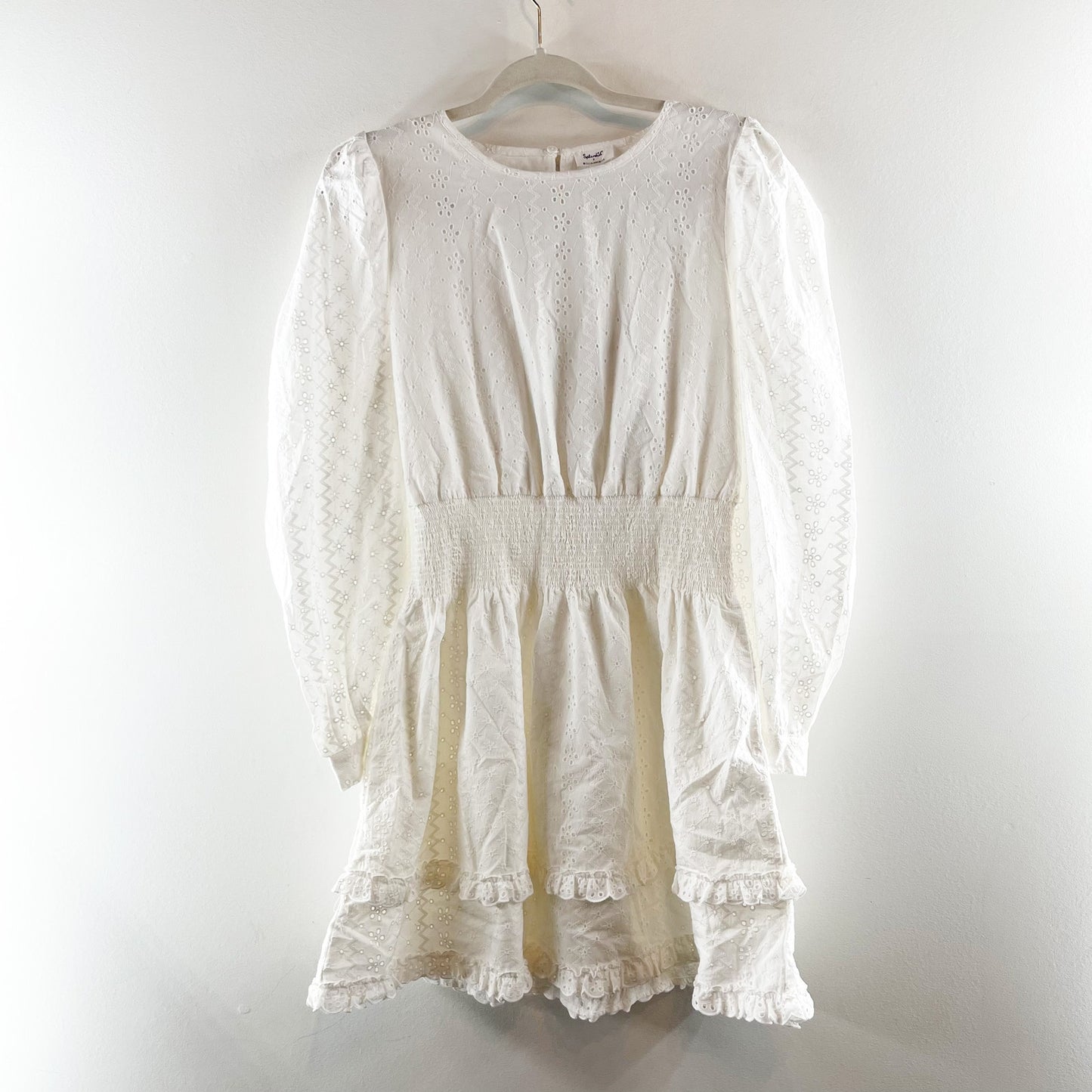 Splendid X Cellajaneblog Long Sleeve Eyelet Smocked Mini Dress White Medium