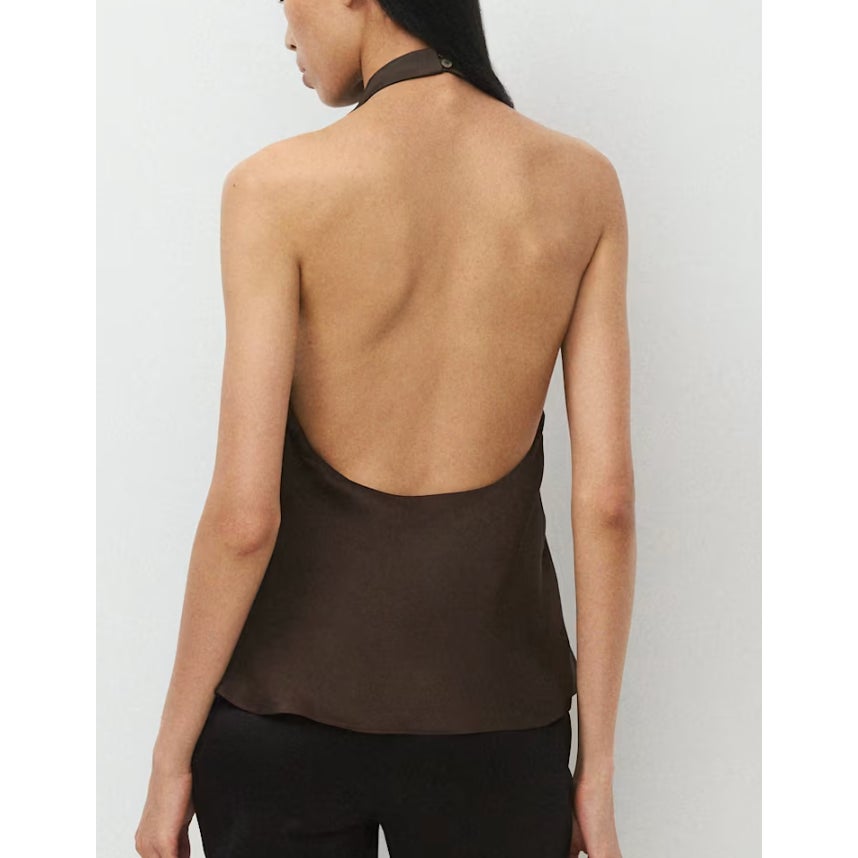 Aritzia Audience High Neck Halter Satin Tank Top Mocha Brown 4
