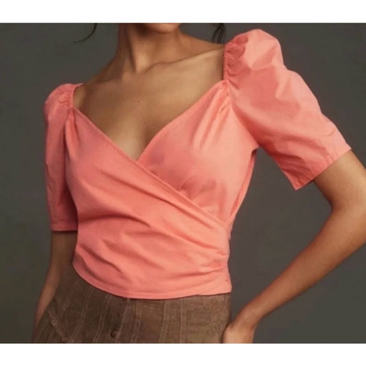 Anthropologie Wrap Short Puff Sleeve Tee Shirt Top Coral Pink Large