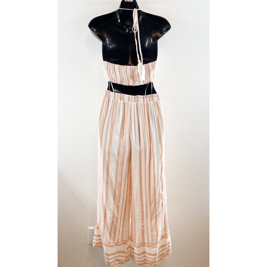 Lost + Wander Halter Bandeau Crop Top Striped Wide Leg Pants Matching Set White