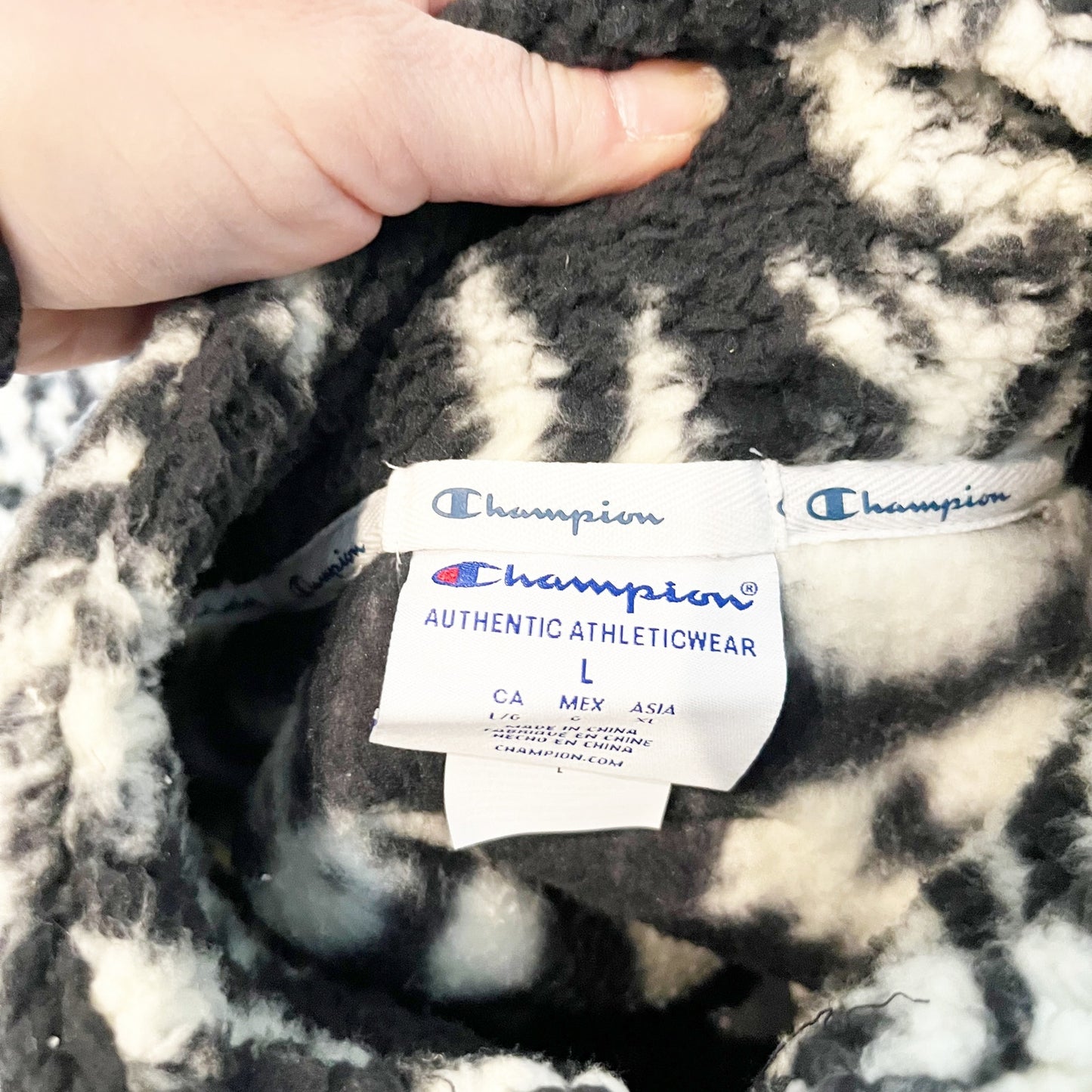 Champion Floral Paisley Quarter Zip Sherpa Fleece Pullover Jacket Black White L