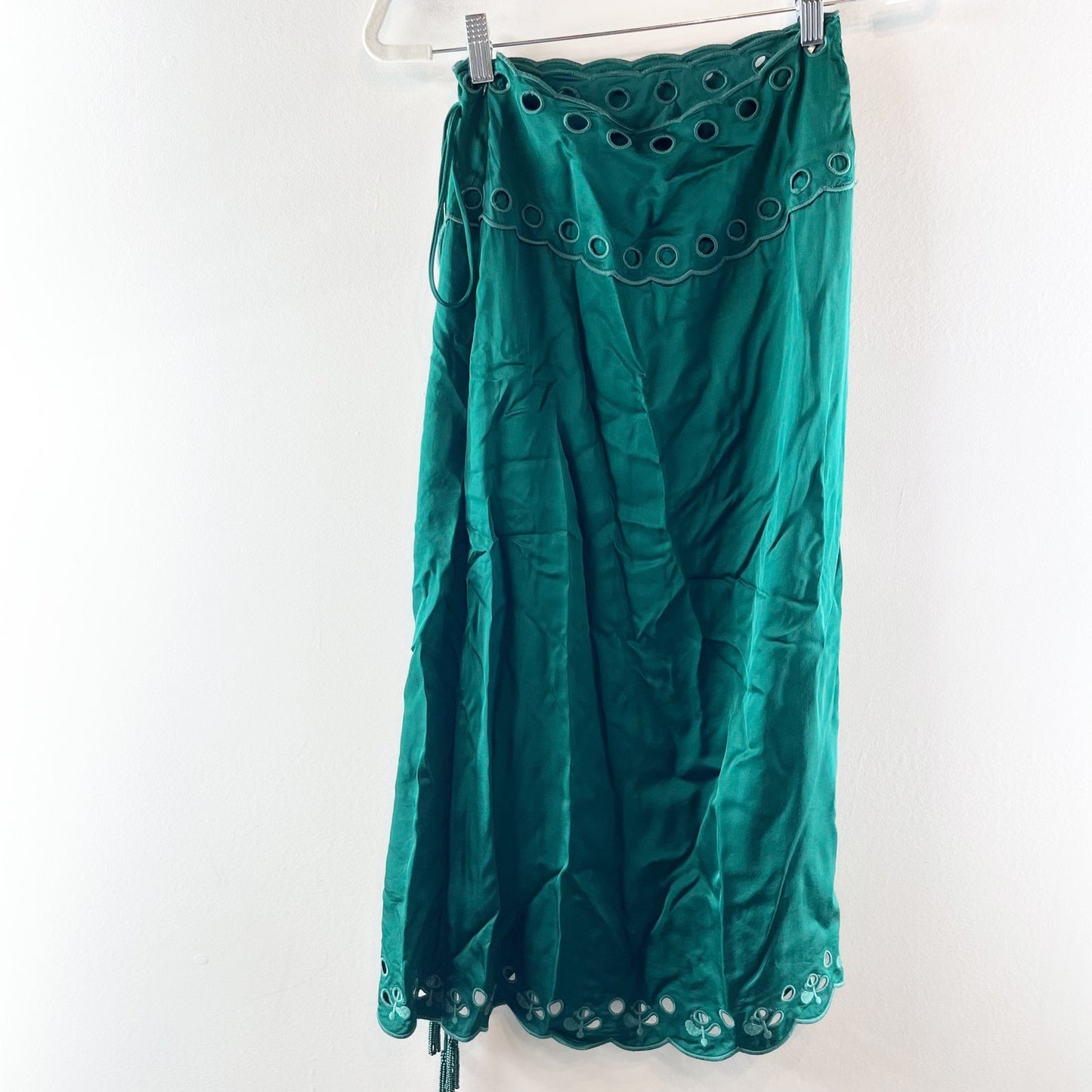 Farm Rio Richilieu Broderie Anglaise Satin Wrap Midi Skirt Green XS
