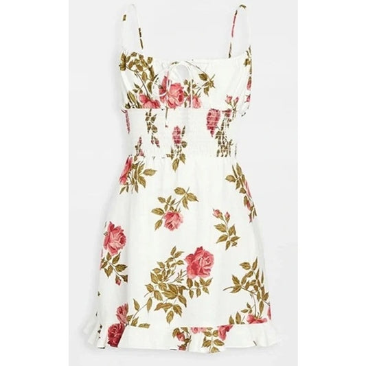 Reformation Rosemary Floral Print Linen Smocked Waist Mini Dress White 4