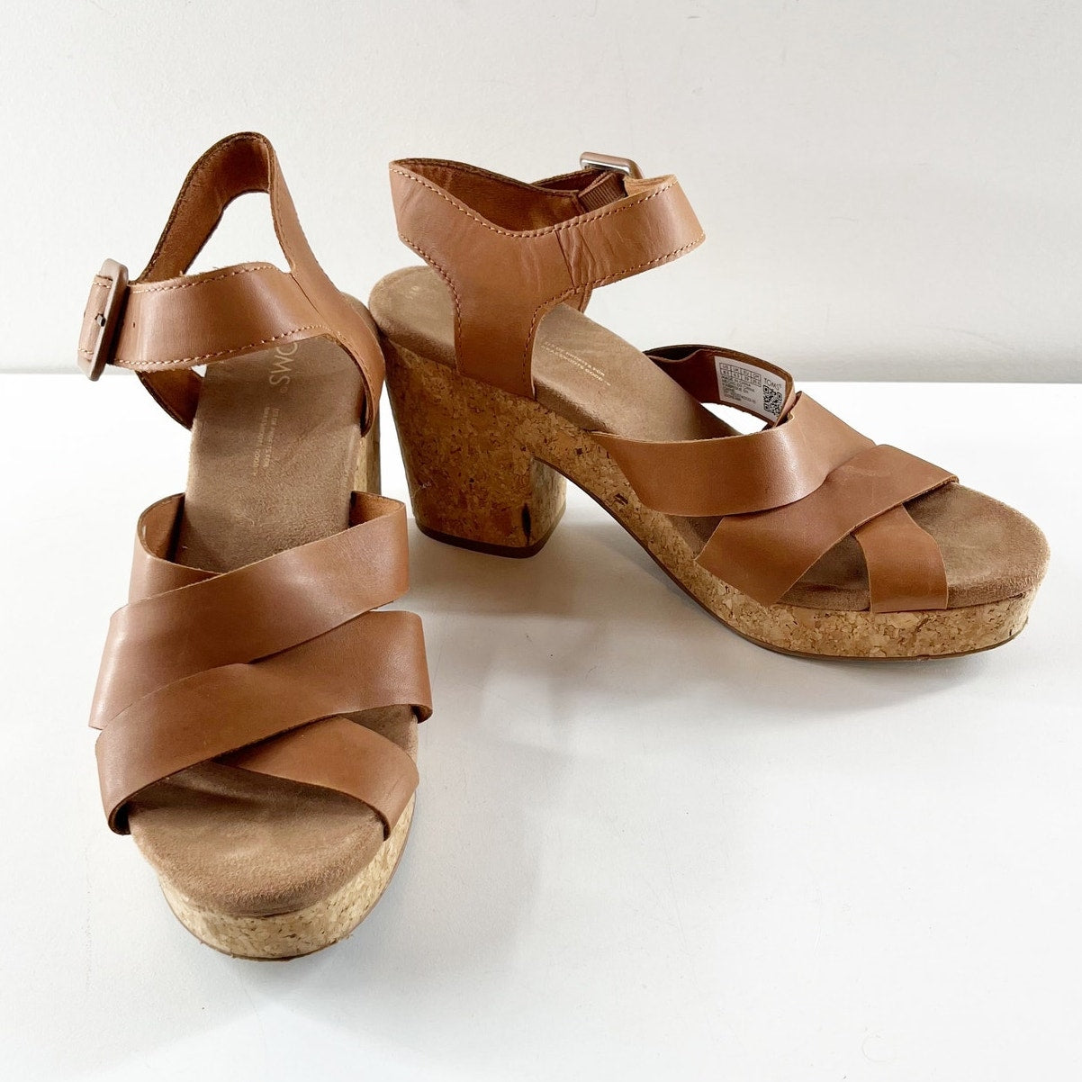 TOMS Ava Cork Block Heel Leather Sandals Brown 8.5