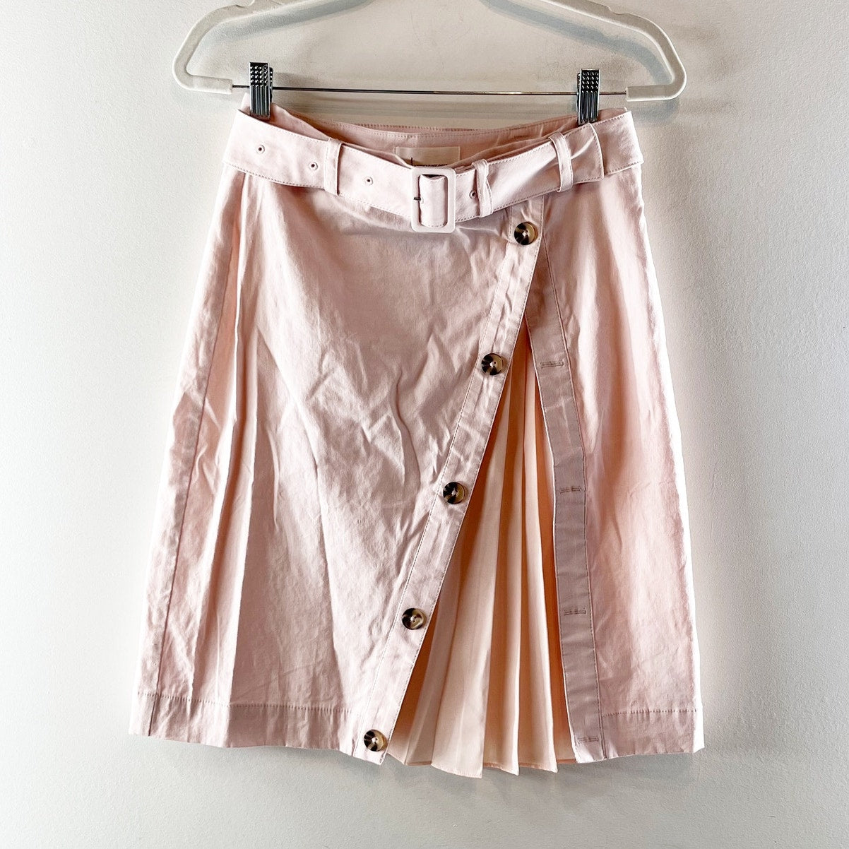 Anthropologie Pleated Button Detail Belted Mini Skirt Pink 6