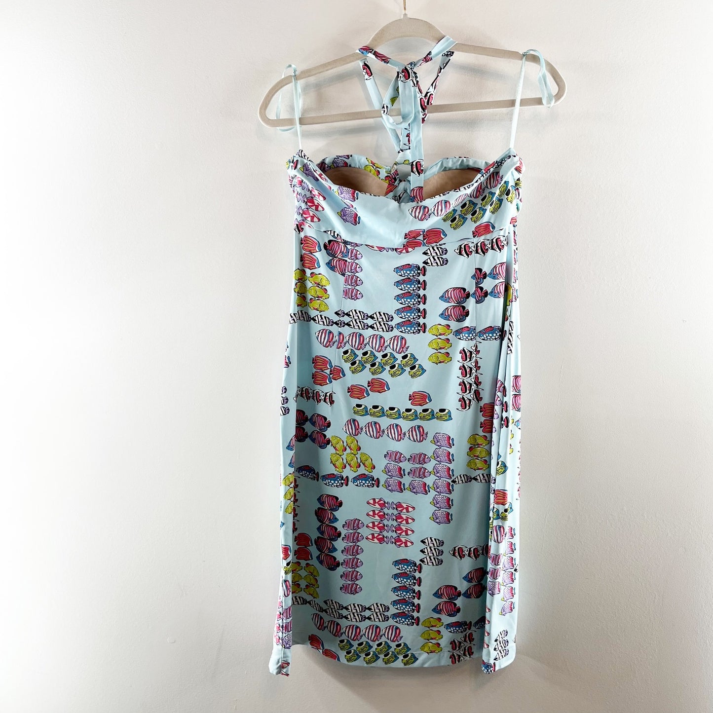 J. McLaughlin Fish Print Halter Tie Neck Mini Knee Length Dress Blue Medium