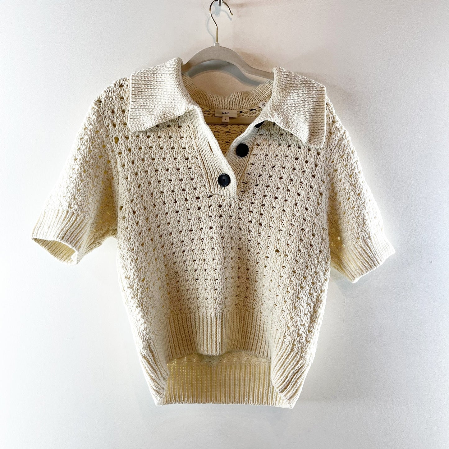 A.L.C Archer Short Sleeve Collared Pointelle-Knit Cotton Polo Top Cream Large