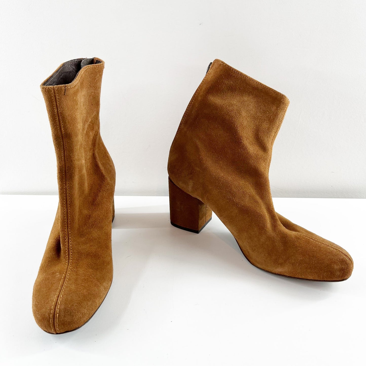 Free People Cecile Square Toe Block Heel Back Zip Suede Ankle Boots Brown 9.5