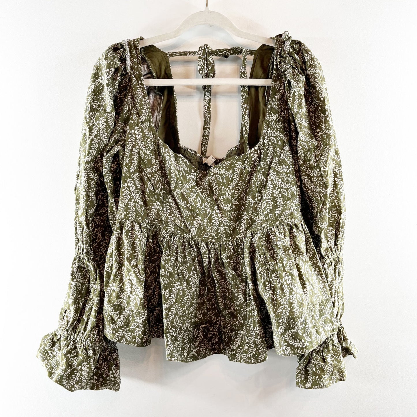 Pilcro Anthropologie Long Sleeve Square Neck Corduroy Peplum Top Green XL