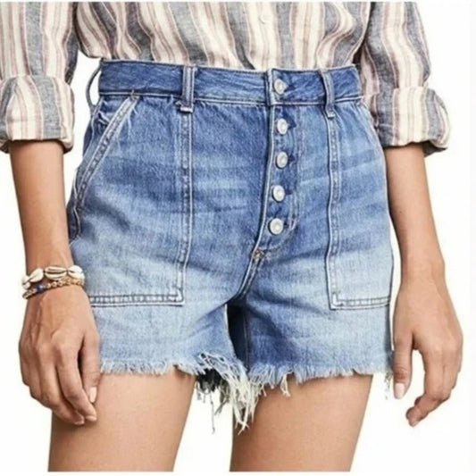 Free People We The Free Jesse Carpenter High Rise Button Fly Shorts Blue 30