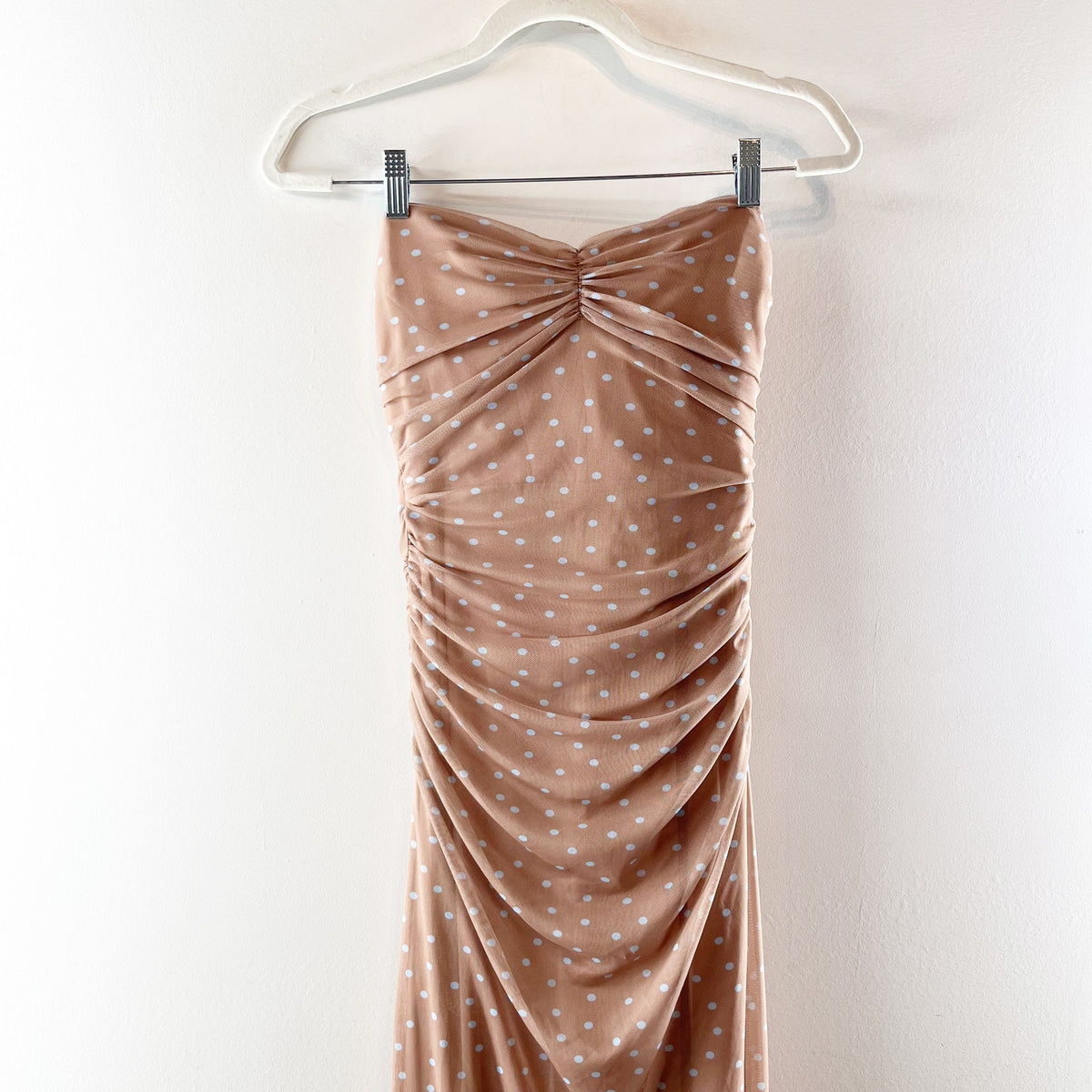 ZARA Strapless Polka Dot Tulle Ruched Slip Bodycon Maxi Dress Tan Beige Small