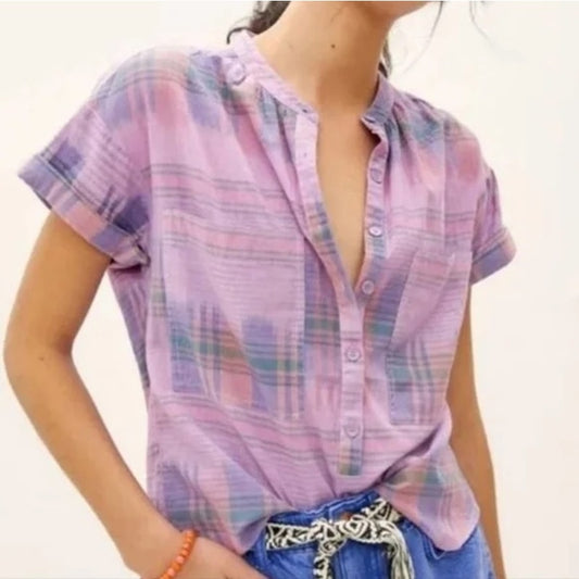 Pilcro Short Sleeve Hannah Plaid Surf Shirt Top Pink Large