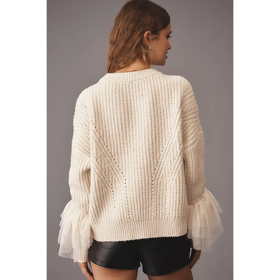 Anthropologie Tulle-Sleeve Pullover Knit Sweater Cream Medium