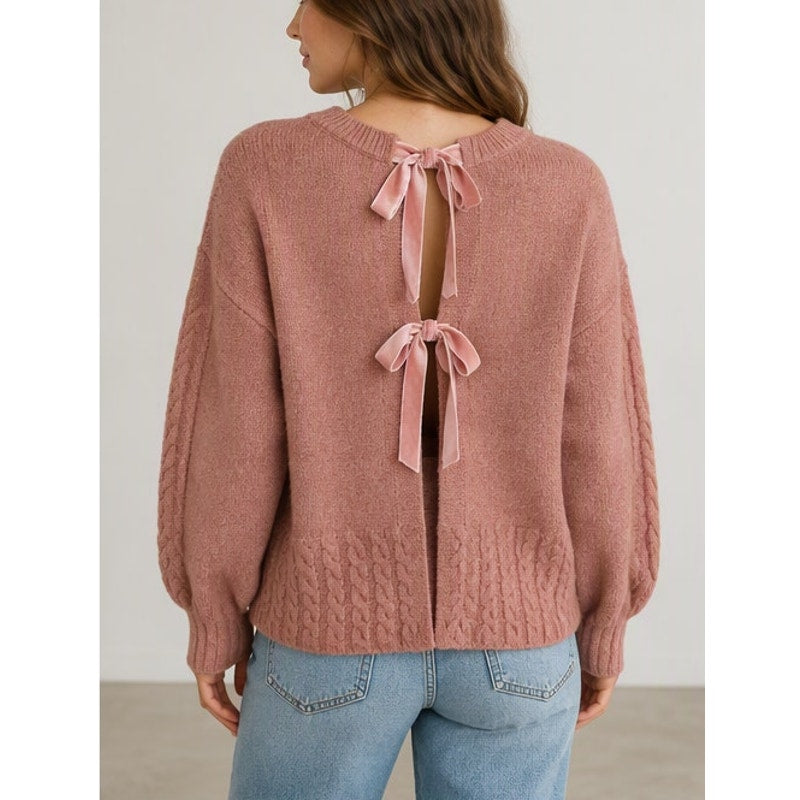 Papermoon Cable Trim Crewneck Bow Tie Back Pullover Sweater Pink Medium