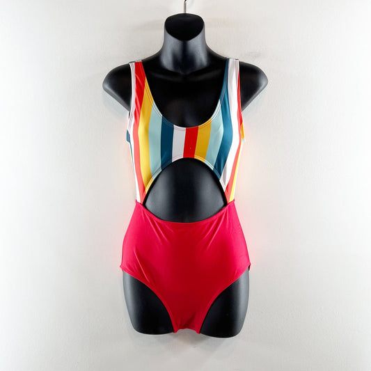 Striped Scoopneck Cutout Rainbow One Piece Bathing Suit Swimsuit Red Medium