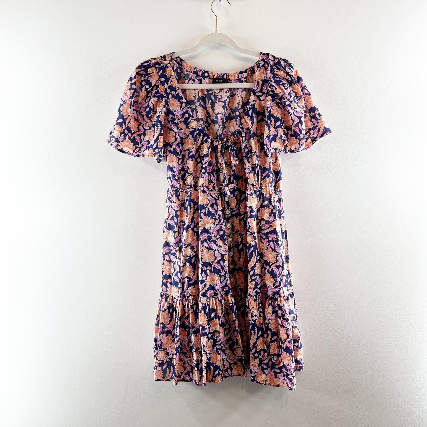 J. Crew Button Up Cotton Short Sleeve Tie Front Floral Print Beach Mini Dress S