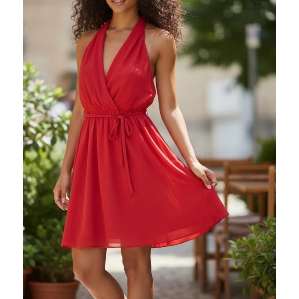 Boston Proper Sleeveless Surplice V-Neck Belted Mini Dress French Kiss Red 12