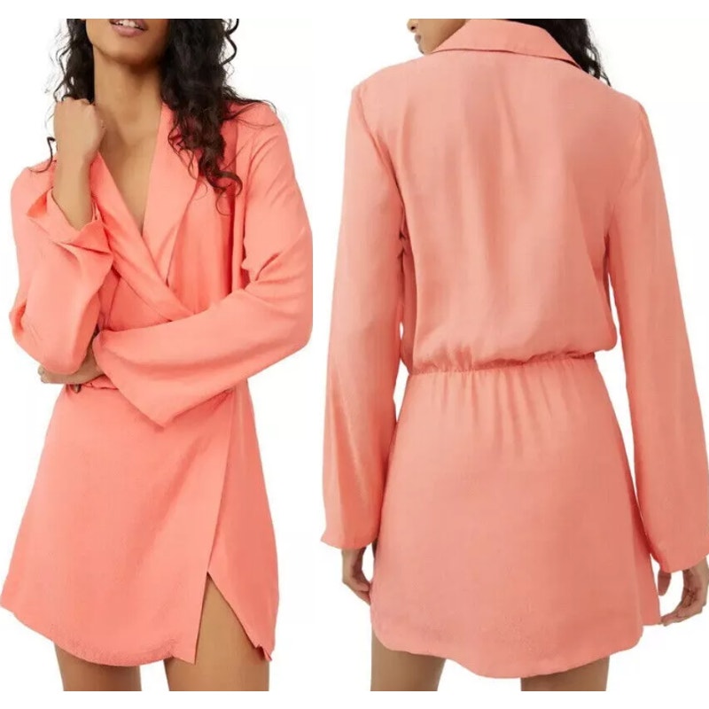 Free People Simone Long Sleeve Surplice V-Neck Wrap Mini Dress Lipgloss Large