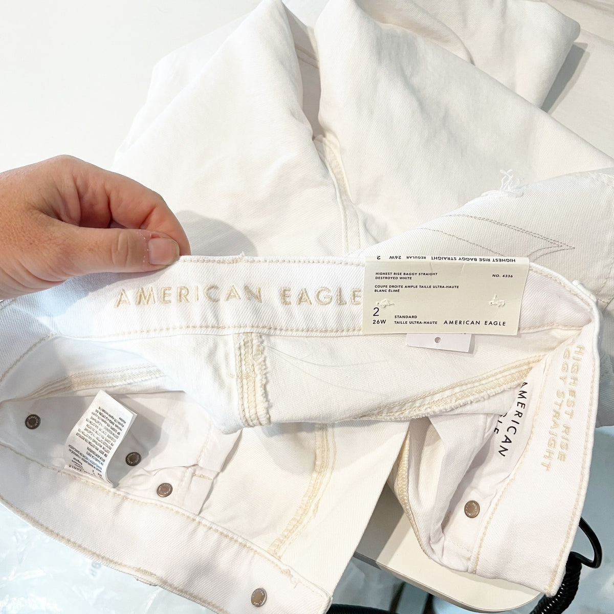 American Eagle Highest Rise Distressed Baggy Straight Leg Jeans White 2