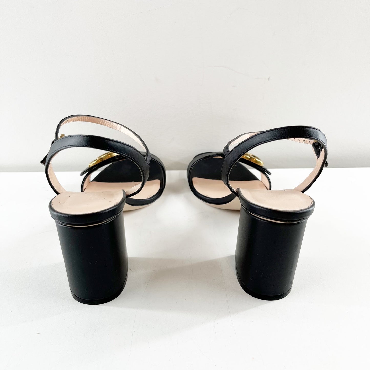 Gucci Marmont Leather Gold GG Logo Block Heel Ankle Strap Pump Sandals Black 39