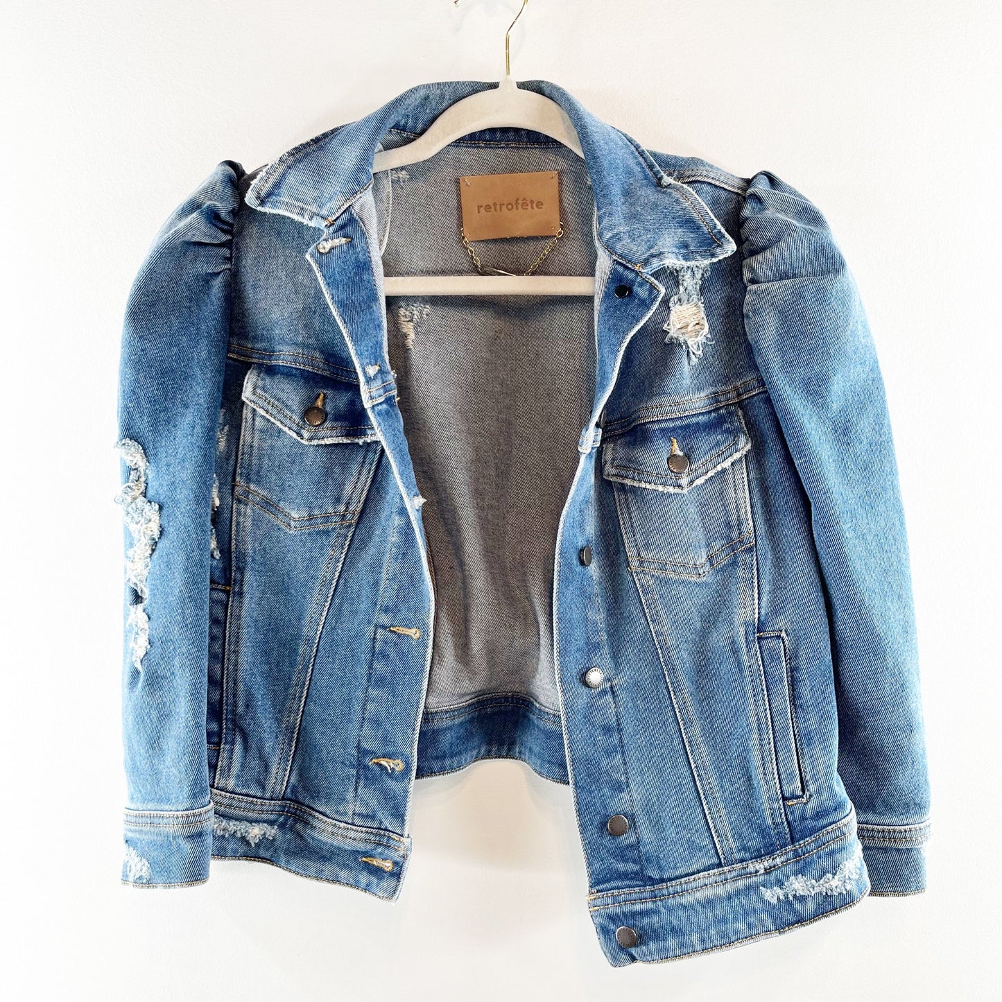 retrofete Ada Puff Sleeve Button-Front Denim Jean Jacket Worn Vintage Blue Small